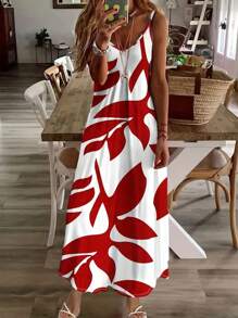 印花吊带连衣裙，休闲拼色印花无袖吊带连衣裙，波西米亚风女式吊带连衣裙 - 紅色 - 查看 1