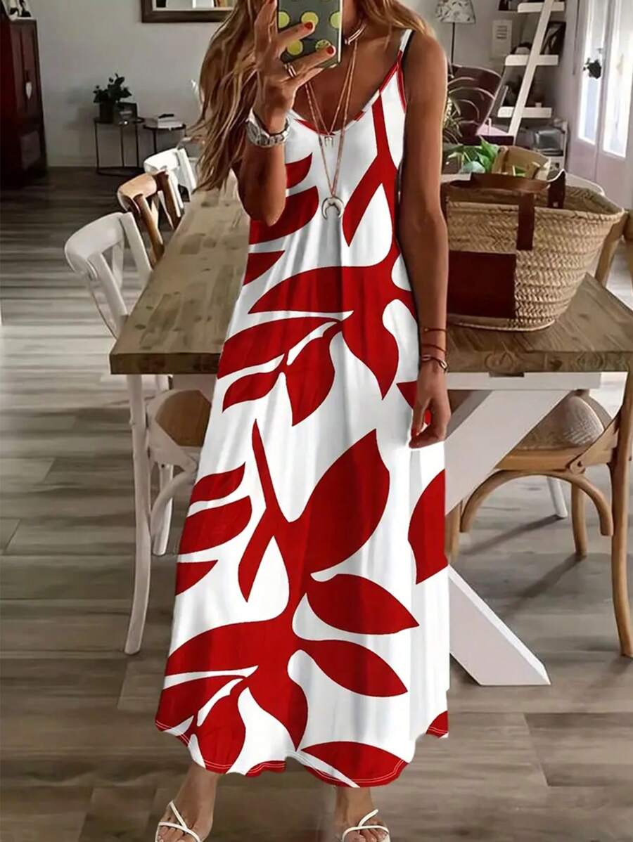 印花吊带连衣裙，休闲拼色印花无袖吊带连衣裙，波西米亚风女式吊带连衣裙 - 紅色 - 查看 1