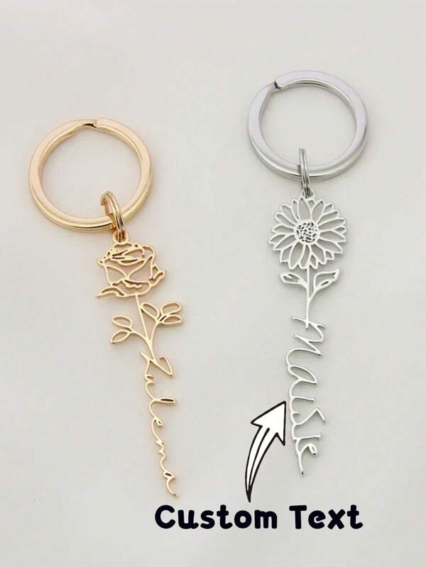 1 PC Customized Name Birth Flower Keychain, Exquisite Personalized Key Ring, Christmas Bridesmaid Gift For Her, Valentine's Day Gift, Perfect Family Gift Choice, Engraved, Durable, Stainless , For Teenagers, Junior High School Students, Middle School Students, High School Senior High School Students, College Students, University Students, Freshman, Sophomore, Underclassmen,Practical Gift