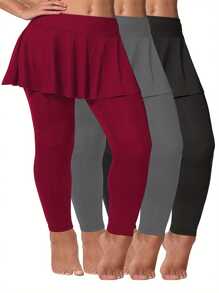 Womens Plus Size Skirted Leggings High Waist Tummy Control Stretchy Yoga Pants Workout Tennis Leggings - Burgundy - View 2