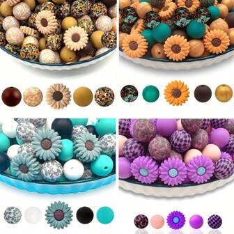 Zestaw 25szt. Słoneczników i geometrycznych silikonowych koralików - idealny do biżuterii DIY, wisiorków, breloków i rękodzieła - idealny prezent na Boże Narodzenie i Nowy Rok, dekoracyjne luźne koraliki, koraliki do nawlekania