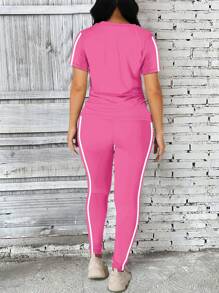 女士休闲运动套装慢跑套装长袖纯色T恤紧身裤运动上衣下装侧条纹装饰