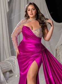 Faeriesty Abito da sera da cerimonia elegante in raso con scollo asimmetrico impreziosito da perle e cristalli, adatto come abito da invitata di nozze
