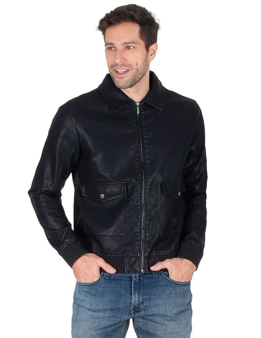 Generra | Men's Faux Leather Jacket, Casual Style, With Pockets And Front Closure - Black - View 1