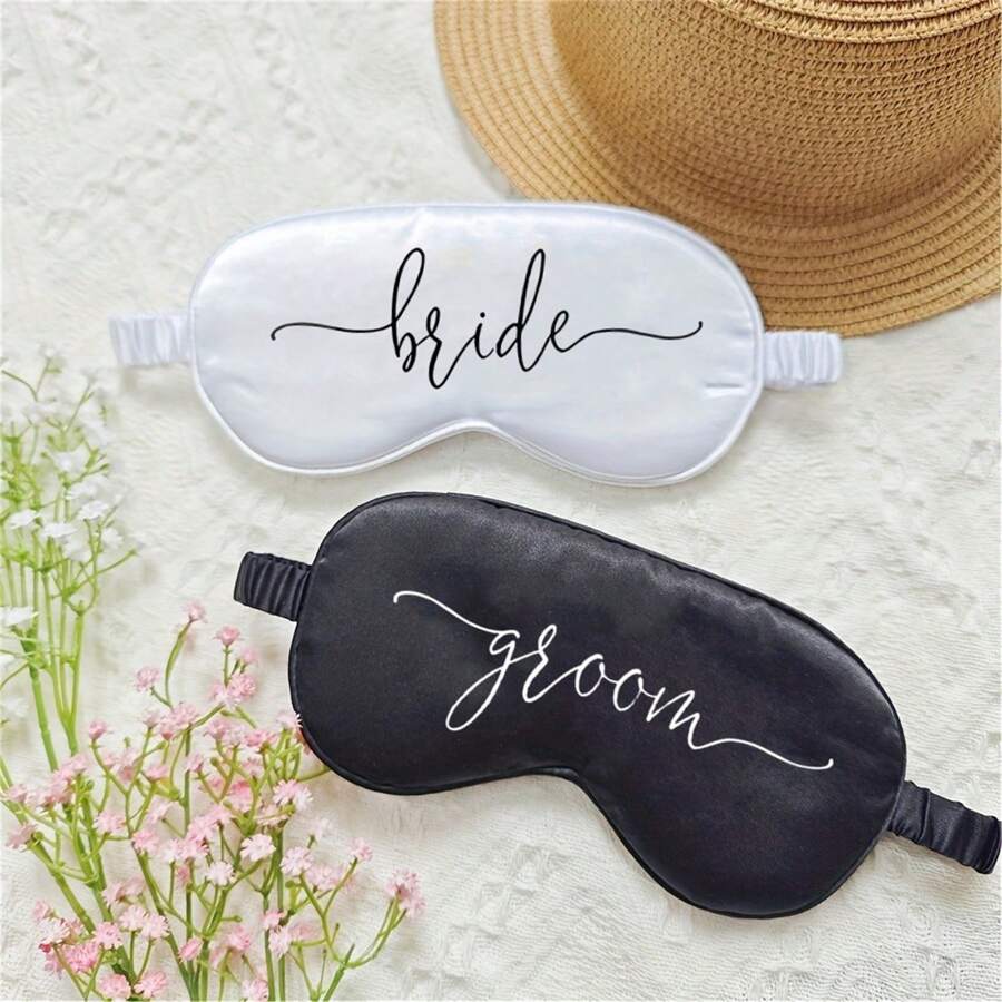 2件套婚礼装饰新娘情侣眼罩婚礼订婚蜜月旅行妻子礼物单身派对新娘送礼会字母新娘/新郎眼罩套装 - 黑白 - 查看 1