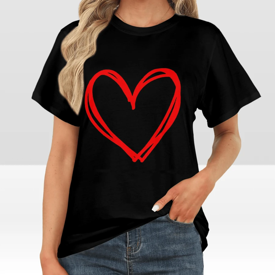 Valentine's Day Short Sleeve Red Heart T-Shirt Women's Top - Black - View 1