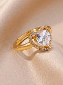 1 peça estética grande zircônia cúbica coração anéis de aço inoxidável 18K banhado a ouro ajustável anel aberto para mulheres mãe romântico férias douradas casamento joias acessórios presentes para ela, dia das mães, dia dos namorados, mãe, mãe, dia das mães, presente