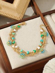 1 Stück Modische, einfache Ins Style Armband für Damen, 18K Mehrfach-Lage, kleine Blume, aus Edelstahl, geeignet für Date, Party, Büromode