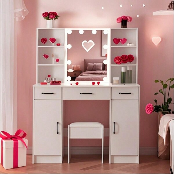 Stilvolle Mädchen Kommode mit Beleuchtung Kommode Spiegel und 3 Schubladen Lagerung Valentinstag Geschenk