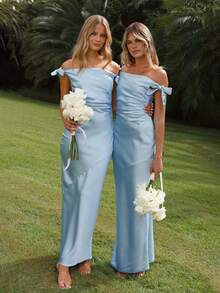 优雅露肩系带连衣裙、派对礼服、婚礼宾客鸡尾酒会礼服