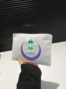 Bolsa de cosméticos con elementos de Ramadán - Bolsa de maquillaje de lona con el mensaje "Feliz Eid Mubarak", portátil y de moda, organizador de artículos de tocador con cierre de cremallera, ideal para uso diario de las mujeres - regalo adecuado para amigos