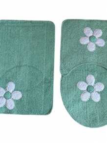 Cotton Bath Mat Set Kit With 3 Pieces Low Pile Applique Various Colors - 綠色 - 查看 2
