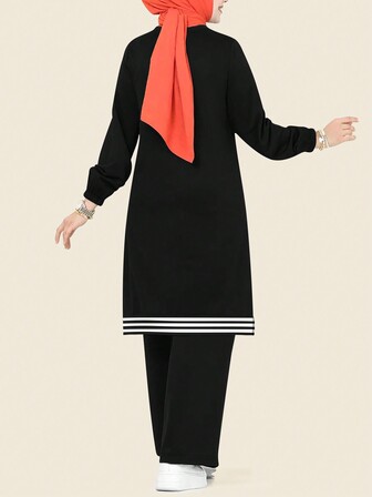 cimmuovere Lös och avslappnad semesterkostym för kvinnor med broderad fåll, ribbade muddar, fickor, rund hals, sidosprund, avslappnade byxor, kan bäras som sjuksköterskeuniform, modest