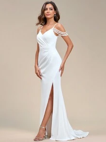 EVER-PRETTY Minimalistisches Perlendekor Fischschwanz-Hochschlitz Spaghettiträger weißes Hochzeitskleid Brautkleid für Sommerhochzeit