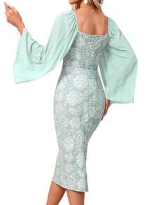Abito da sera da donna, in jacquard, a forma quadrata, elegante e aderente, in chiffon, con maniche corte arricciate, abito da festa, cerimonia, matrimonio