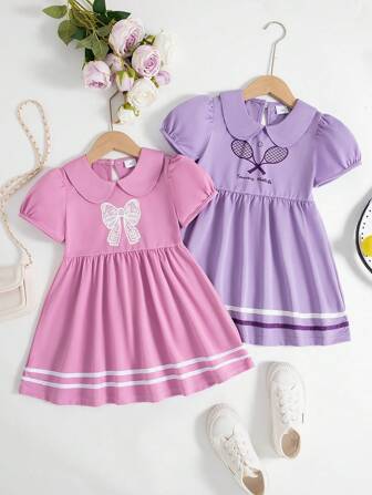 2 件套女孩日常休闲户外卡通印花背带腰饰彼得潘领短袖及膝连衣裙，缎带饰边，夏季