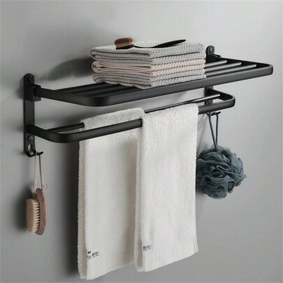 1 Piece Bathroom Towel Rack Space Aluminum Black Bathroom Storage Rack Folding Towel Rack Hook Bathroom Storage Hardware Pendant Home Bathroom Decor Bathroom Organizer Fall Decor Back To School