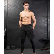 Conjunto deportivo hombre de pantalones cortos y capa base ajustada, pantalon deportiva correr compresión con short 2 en 1, para correr/baloncesto/fútbol/fitness, para primavera/verano - Negro - Ver 6