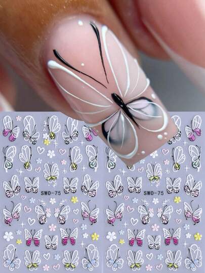 2 piezas de Pegatinas para uñas de Flores, Alas de Mariposa y Corazón con efecto 5D, Diseños de Primavera de Mariposas en Relieve 5D, Decoraciones Adhesivas para Uñas Deslizantes de Arte de Uñas Elegantes