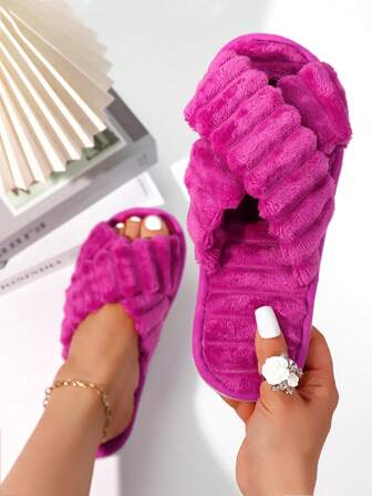 Fall/Winter Women's Fashion 2 Strap Fluffy Plush Slippers, Soft Bottom Comfortable Silent House Floor Bedroom Slippers