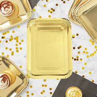 10/20pcs Golden Paper Plates, Light-Weight Rectangle Dinner Plates, Disposable Platters Serving Dish, Large Serving Tableware Food Trays For Cookie Cake Dessert Snack Appetizers Holiday Picnic Party Supplies Birthday ﻿