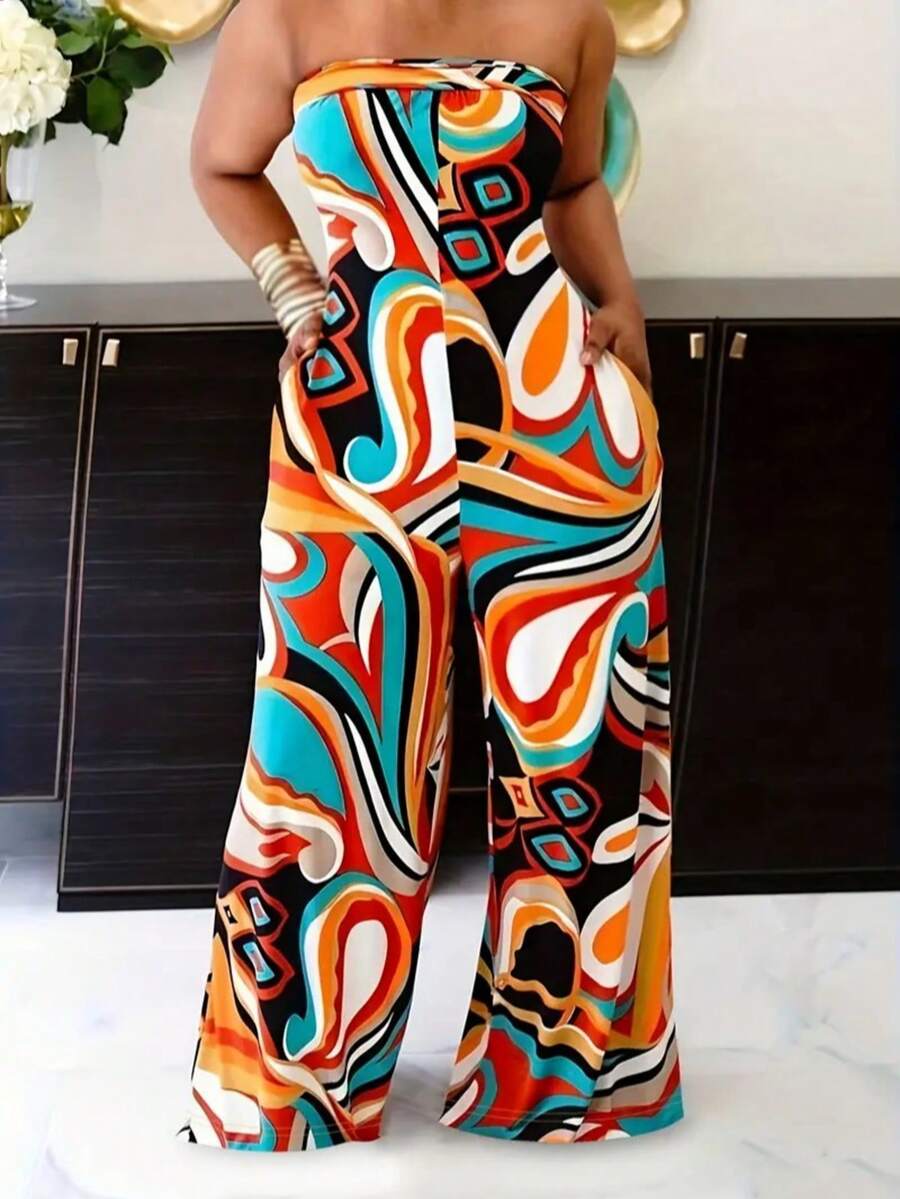 Women's Casual All-Over Print Bandeau Jumpsuit For Vacation Summer Elegant - Multicolor - View 1