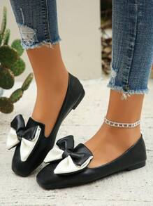 Women's Color Blocking Bowknot Decor Square Toe Low Heel Flat Mary Jane Shoes, Cute & Elegant Style, Versatile For Daily Wear & Commuting, Black Soft Bottom Casual Flats