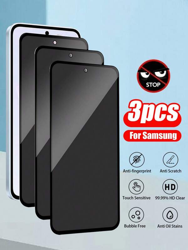 3-Pack Anti-Spy Tempered Glass Screen Protector, Bubble-Free, Easy To Install, Privacy Screen Protector, Privacy Glass Film, Anti-Fingerprint, Compatible With Galaxy S21FE/Galaxy S23FE/Galaxy A54/Galaxy A06