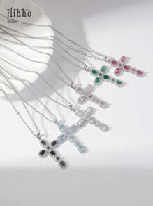 Hihho Colar com pingente de cruz da Virgem Maria em zircônia colorida estilo europeu, 1 peça, adequado para uso diário feminino, festas, reuniões, melhor presente para amigos, joias elegantes e versáteis, acessório de design exclusivo para presente
