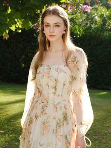 Women's Flower & Butterfly Print Casual Dress, Minimalist & Fashionable Everyday Wear