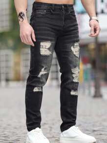 2024 男士弹力洗水破洞牛仔裤，修身舒适直筒休闲裤