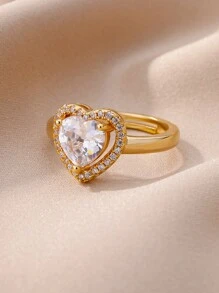 1 peça estética grande zircônia cúbica coração anéis de aço inoxidável 18K banhado a ouro ajustável anel aberto para mulheres mãe romântico férias douradas casamento joias acessórios presentes para ela, dia das mães, dia dos namorados, mãe, mãe, dia das mães, presente