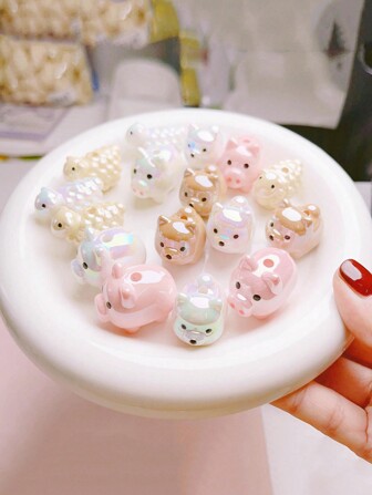 7 件/套卡通动物亚克力 UV 镀粉色小猪小狗小羊串珠 DIY 手工饰品手机链装饰配件材料钥匙扣吊坠散珠橡皮筋制作纪念品礼物