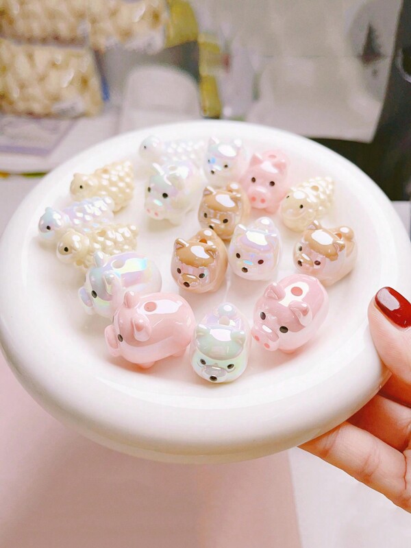 7 sztuk/zestaw Cartoon Animal Akryl UV Platerowane Różowe Świnka Szczeniak Baranek Koraliki DIY Ręcznie Robiona Biżuteria Telefon Komórkowy Łańcuszek Dekoracja Akcesoria Materiał Brelok Zawieszka Luźne Koraliki Gumka Tworząca Pamiątkowy Prezent