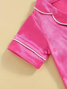 Pijama de verano para niñas pequeñas, manga corta, solapa, color liso, con botones - Rosa Fucsia - Ver 5