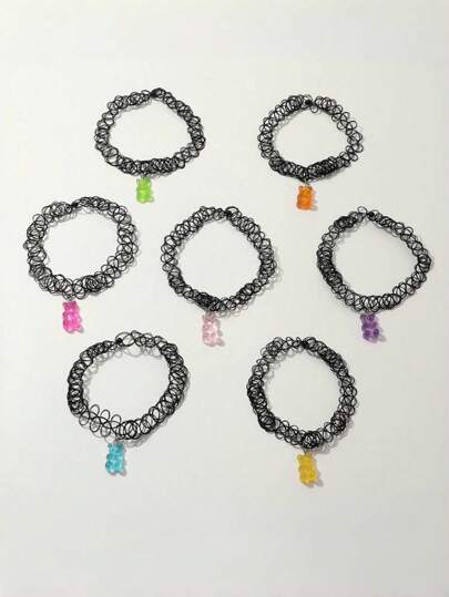 7pcs Set Polyresin Small Bear Choker Necklace & Elastic Bracelet 2-In-1 Fashionable Jewelry Set For Girls, Kids