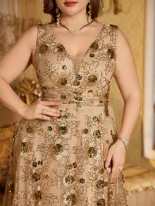 SUPGIR Maxikleid in Große Größen mit V-Ausschnitt, Tailleneinsatz mit Strass-Stickerei, Raffung, schlankmachend, geeignet für Bankette und formelle Anlässe