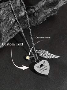 男女定制不锈钢心形翅膀项链、心形爱人发瓮、香水瓶吊坠项链、个性化雕刻姓名和文字、定制诞生石吊坠项链、可爱宠物周年纪念礼物 - 銀色 - 查看 1