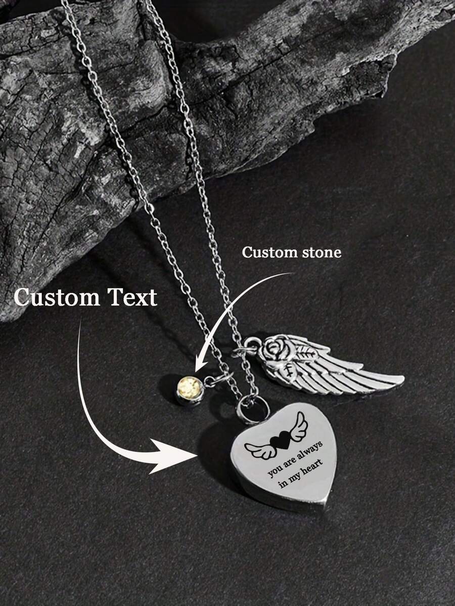 男女定制不锈钢心形翅膀项链、心形爱人发瓮、香水瓶吊坠项链、个性化雕刻姓名和文字、定制诞生石吊坠项链、可爱宠物周年纪念礼物 - 銀色 - 查看 1