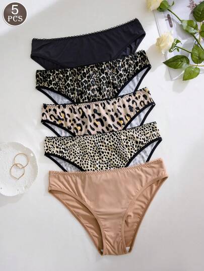5pcs Leopard Print Seamless Comfortable Breathable Women's Panties