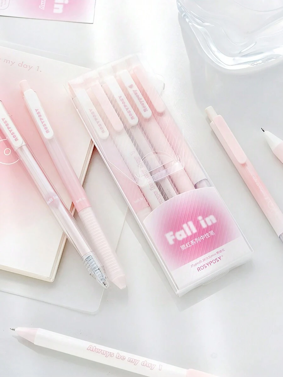 5pcs Blush Series Gel Pens Set Fall In Gradient Girlish Style Black Color Ink 0.5mm Ballpoint For Writing School Office - Black - View 1
