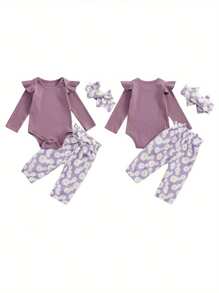 Baby Girls 3 Piece Outfit Long Sleeve Ruffled Ribbed Romper Daisy Print Lacing Pants Hairband Set - Purple - View 8