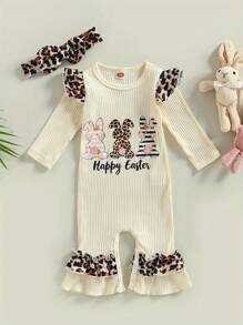Baby Girl Easter Jumpsuit Set Rabbit  Letter Print Long Sleeve Ruffle Romper With Bow Headband - Apricot - View 8