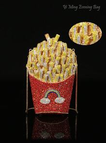 1 pieza Cartera con forma de papa frita brillante, Elegante bolso de mano para fiesta nocturna, Lujoso bolso de mujer con cristales, Bolso de novia, Soporte para lápiz de labios y perfume de moda, Bolso de mano extravagante y brillante con incrustación de cristales, Todo hecho a mano en metal y diamante, Adecuado para amigas de la nobleza que asisten a fiestas, galas, bodas, reuniones y banquetes