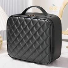 1 neceser de viaje con espejo iluminado por LED, organizador de brochas de maquillaje, estuche de maquillaje con espejo, neceser de maquillaje portátil, organizador de cosméticos de viaje, neceser de cosméticos, estuche de cosméticos con compartimentos ajustables, organizador de cosméticos impermeable, herramienta de almacenamiento, con espejo, con compartimentos, con organizador de brochas de maquillaje, con asa de transporte, diseño de rombos, alta calidad, adecuado para el hogar, la empresa, la escuela, de viaje (rombo negro, rombo rosa)