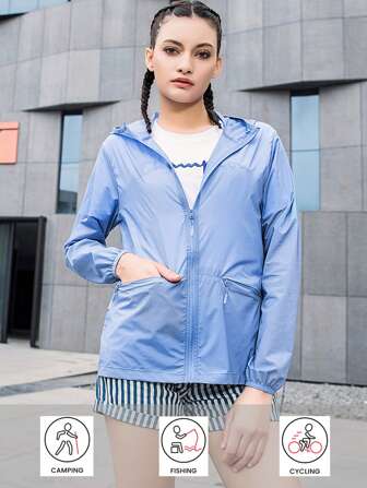 1pc Women's Light Blue Lightweight Summer Thin Sunscreen Jacket, Long Sleeve Outdoor Sports Breathable Thin UV Protection Coverup