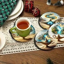 4pcs Artistic Wooden Non-Slip Coasters, Round Mysterious Jewelry Box & Lamp Designed, Suitable For Office Desk, Tea Table, Home Decoration, Thanksgiving Gift