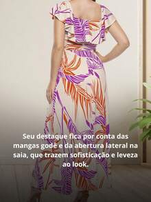Vestido Longo Estampado com Abertura Lateral e Manga Godê - Multicolorido - Visão 6