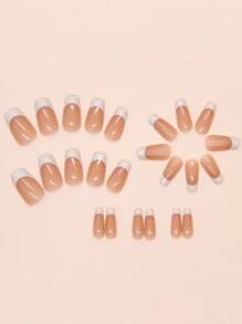 24pcs Medium Coffin Shape Press On Nails With Milky White French Tip Glossy Topcoat Design Nail Art False Nails Simple And Classic Style Fake Nails Nail Set