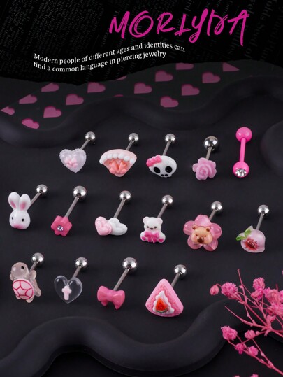 1pc Cute Sweet Pink Tongue Rings 14G Stainless Steel Cake Strawberry Tongue Stud Rabbit Turtle Bear Tongue Jewelry Peach Tongue Barbell Ring Heart Bow Tongue Piercing Jewelry For Women Girls Valentine's Day Gift Party Daily Wear Piercing Body Jewelry,Mom,Mother,Mother's Day,Gift